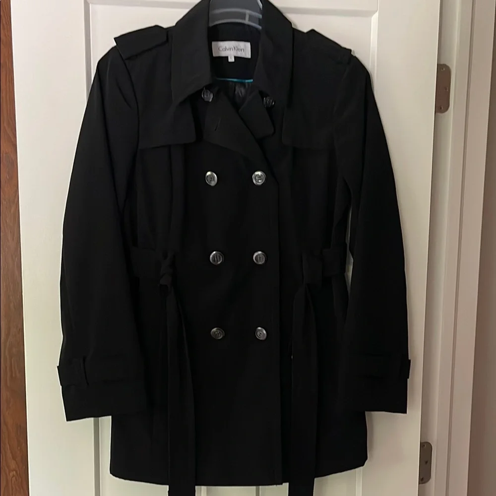 Calvin Klein Black Trench Coat with Structured Shoulders - Picture 1 of 7